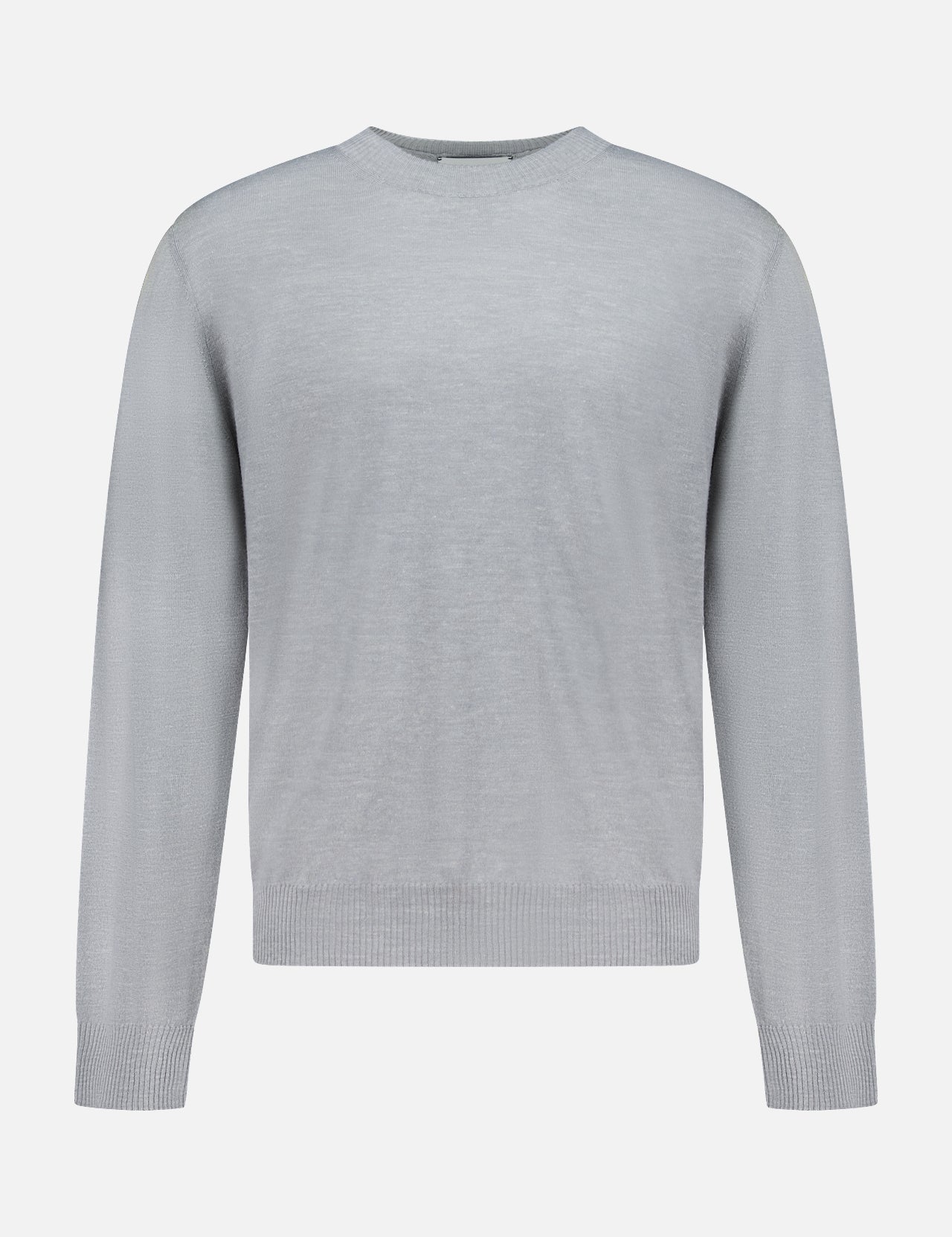 The Libeccio Wren Crewneck Sweater by ELDER STATESMAN is a light gray, luxury knitwear piece featuring long sleeves and a classic crew neck. Displayed on a plain white background, this sweater boasts refined ribbing at the collar, cuffs, and hem. Expertly crafted from a premium wool, silk, and linen blend, it combines exceptional comfort with timeless elegance for effortless style.
