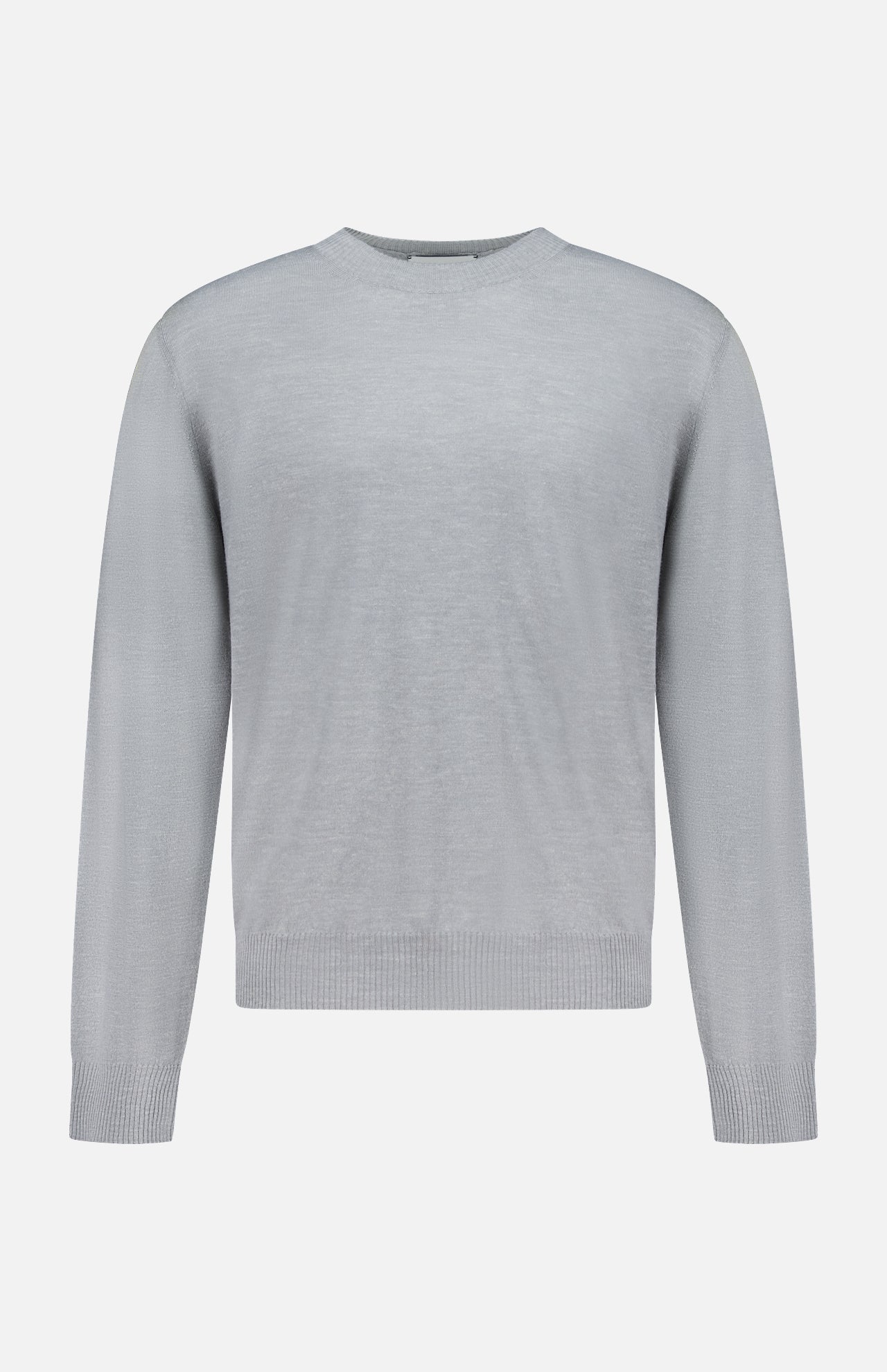 The Libeccio Wren Crewneck Sweater by ELDER STATESMAN is a light gray, luxury knitwear piece featuring long sleeves and a classic crew neck. Displayed on a plain white background, this sweater boasts refined ribbing at the collar, cuffs, and hem. Expertly crafted from a premium wool, silk, and linen blend, it combines exceptional comfort with timeless elegance for effortless style.