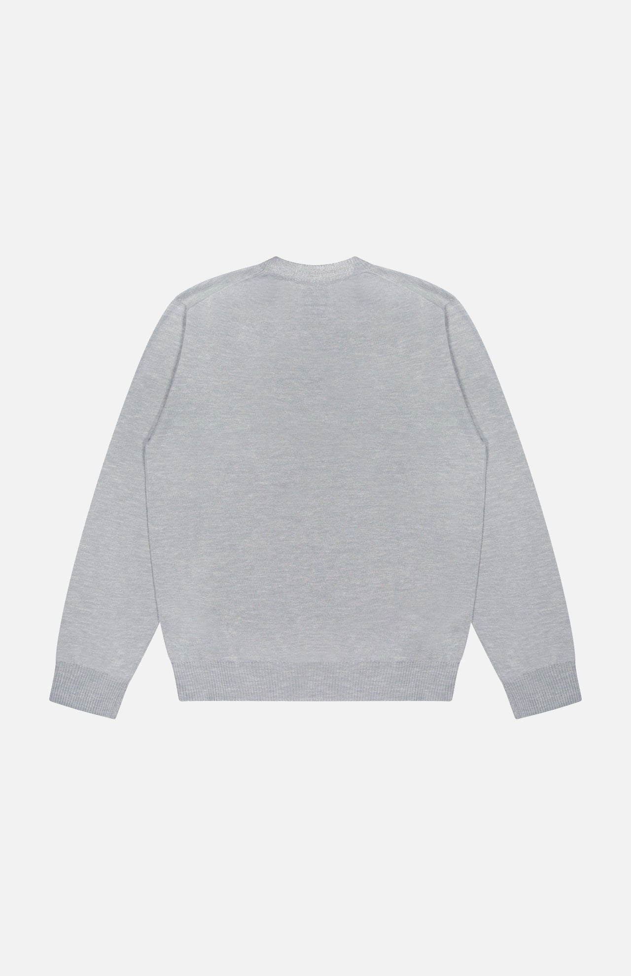 The ELDER STATESMAN Libeccio Wren Crewneck Sweater, in a plain light gray luxury knitwear fabric, is laid flat with the back facing up to showcase its crew neckline along with ribbed cuffs and hem, set against a white background.