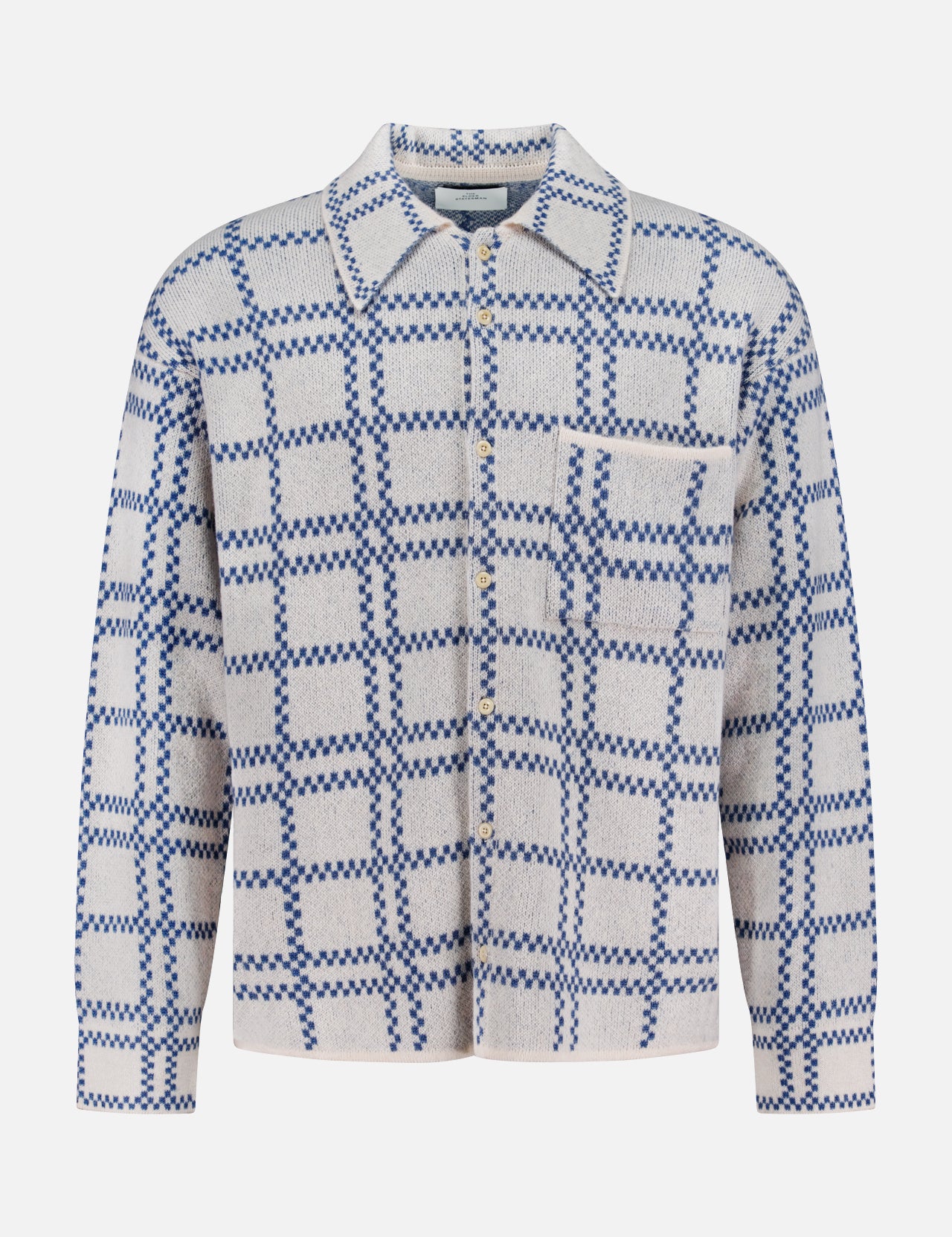 ELDER STATESMAN Nimbus Plaid Button Up Knit Overshirt in light gray with a blue checkered pattern, featuring long sleeves, a collar, and a single chest pocket, displayed against a white background.