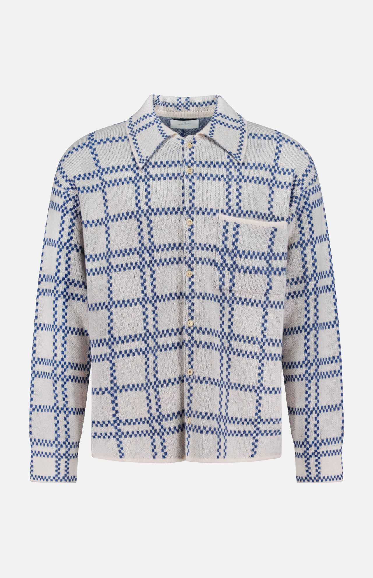 ELDER STATESMAN Nimbus Plaid Button Up Knit Overshirt in light gray with a blue checkered pattern, featuring long sleeves, a collar, and a single chest pocket, displayed against a white background.