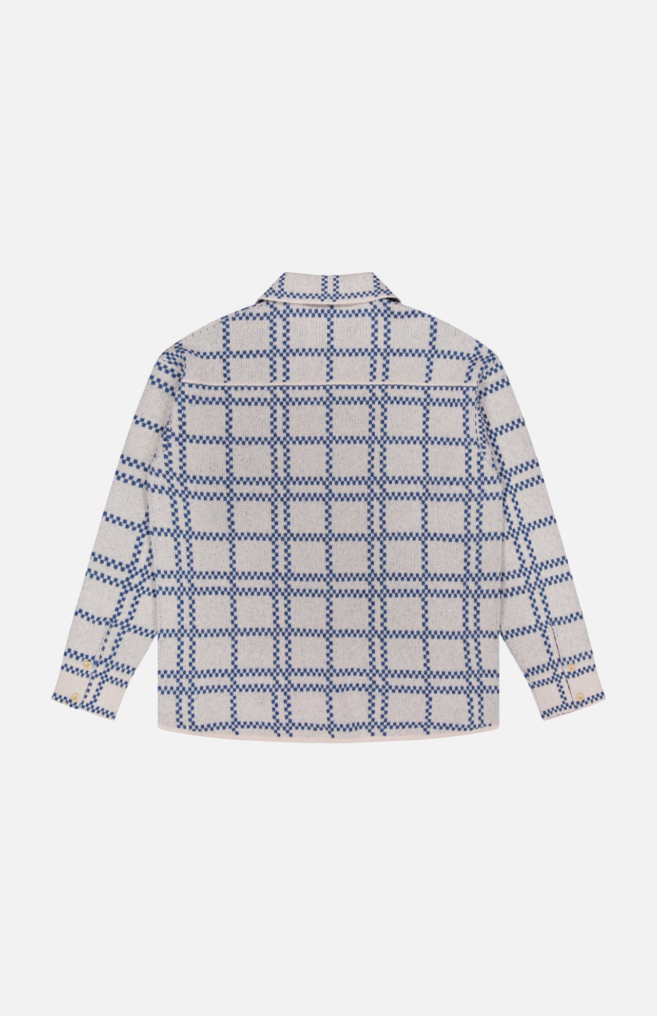 The Nimbus Plaid Button Up Knit Overshirt from ELDER STATESMAN is a long-sleeve, collared shirt with a white base and blue checkered pattern, displayed from the back against a plain white background.