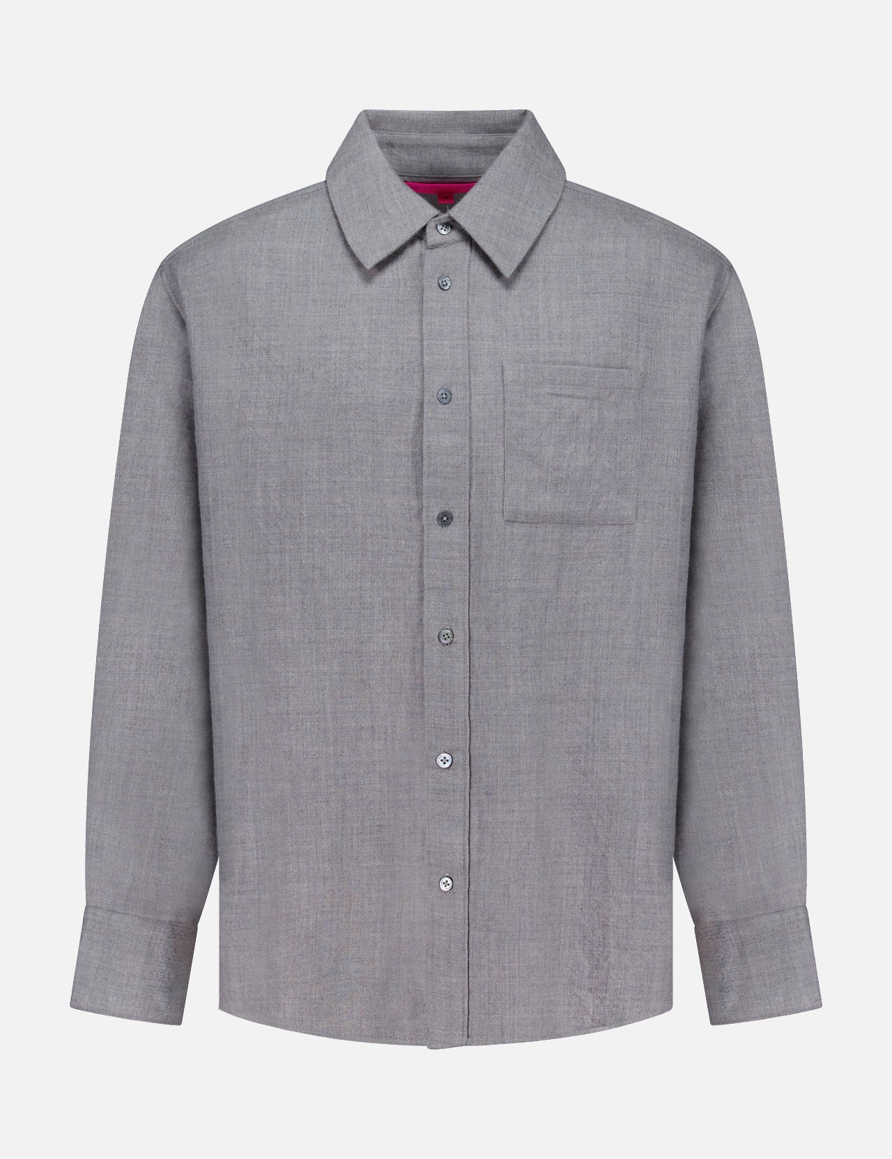 The ELDER STATESMAN Pashmina Big Button Up Shirt is a long-sleeve, light grey shirt featuring a front chest pocket and designed for versatile office wear, shown on a plain white background.