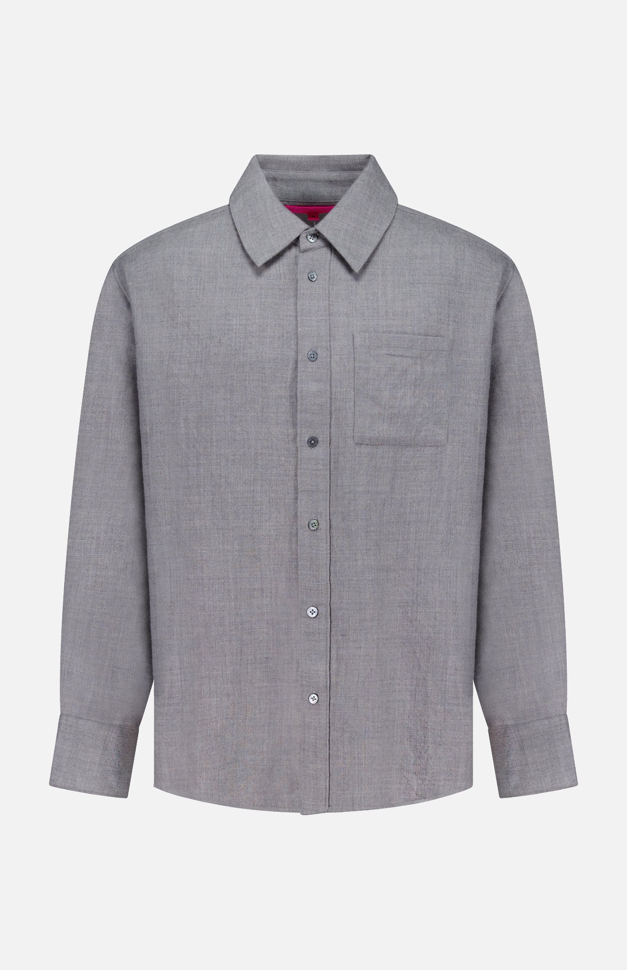 The ELDER STATESMAN Pashmina Big Button Up Shirt is a long-sleeve, light grey shirt featuring a front chest pocket and designed for versatile office wear, shown on a plain white background.