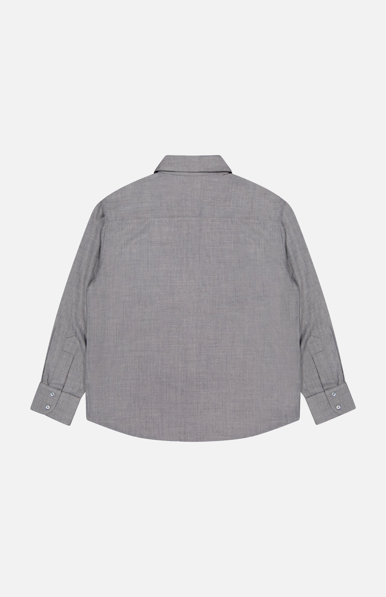 The ELDER STATESMAN Pashmina Big Button Up Shirt is displayed from the back, laid flat against a plain white background. This light grey shirt features a classic collar and buttoned cuffs, combining style and comfort—perfect for professional settings.