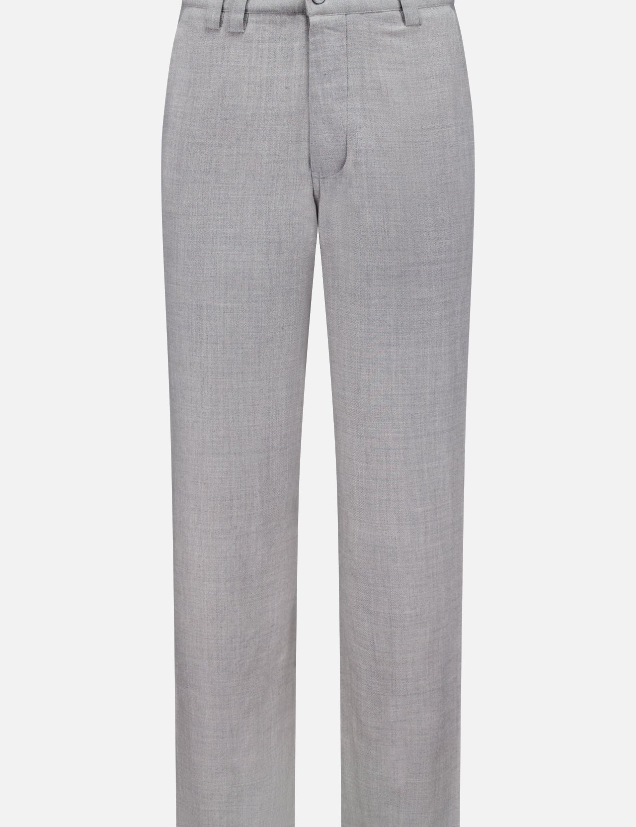 The Pashmina Norm Pant by ELDER STATESMAN is crafted from a smooth, light gray fabric. These men’s dress pants feature belt loops, a front button and zipper closure, and a classic straight-leg cut, shown against a white background.