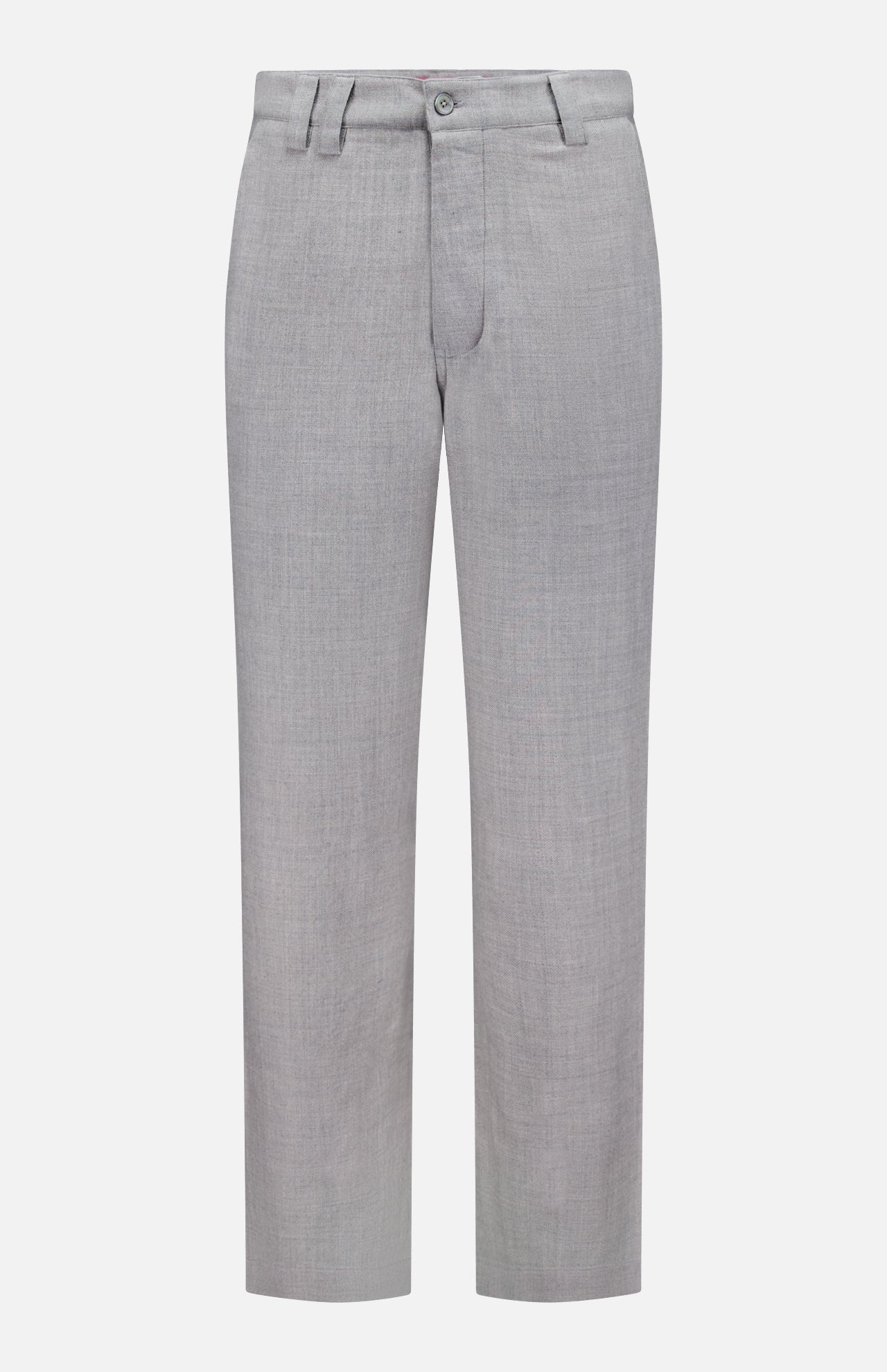 The Pashmina Norm Pant by ELDER STATESMAN is crafted from a smooth, light gray fabric. These men’s dress pants feature belt loops, a front button and zipper closure, and a classic straight-leg cut, shown against a white background.