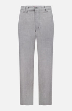 The Pashmina Norm Pant by ELDER STATESMAN is crafted from a smooth, light gray fabric. These men’s dress pants feature belt loops, a front button and zipper closure, and a classic straight-leg cut, shown against a white background.