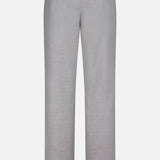 The Pashmina Norm Pant by ELDER STATESMAN is shown from the back in light gray wool cashmere, featuring two buttoned welt pockets and belt loops, displayed against a plain white background.