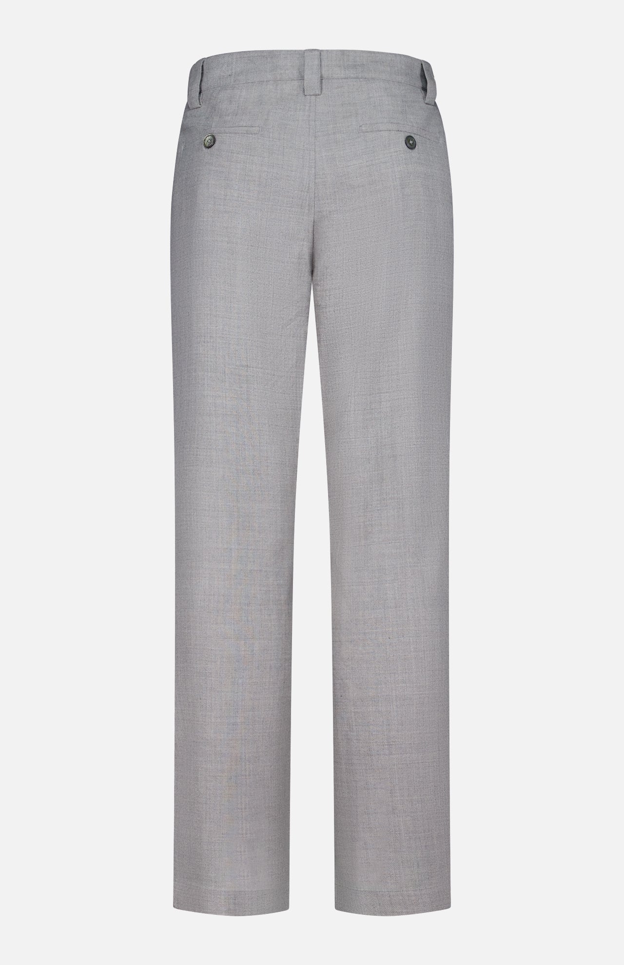 The Pashmina Norm Pant by ELDER STATESMAN is shown from the back in light gray wool cashmere, featuring two buttoned welt pockets and belt loops, displayed against a plain white background.