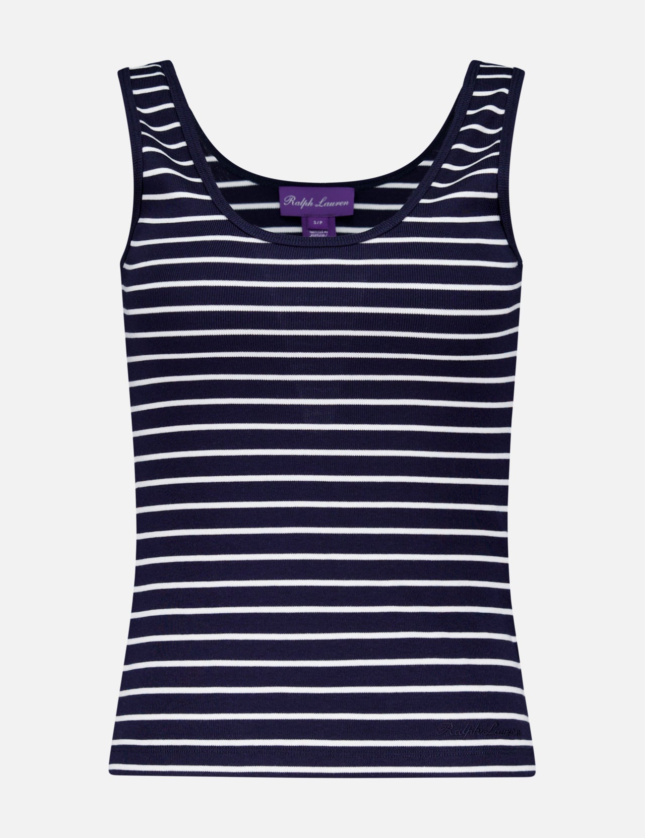 The Ellis Ribbed Striped Tank Top by RALPH LAUREN COLLECTION is a sleeveless, fitted navy top with white horizontal stripes and a scoop neckline, made from rib-knit cotton-blend fabric and shown against a plain white background.