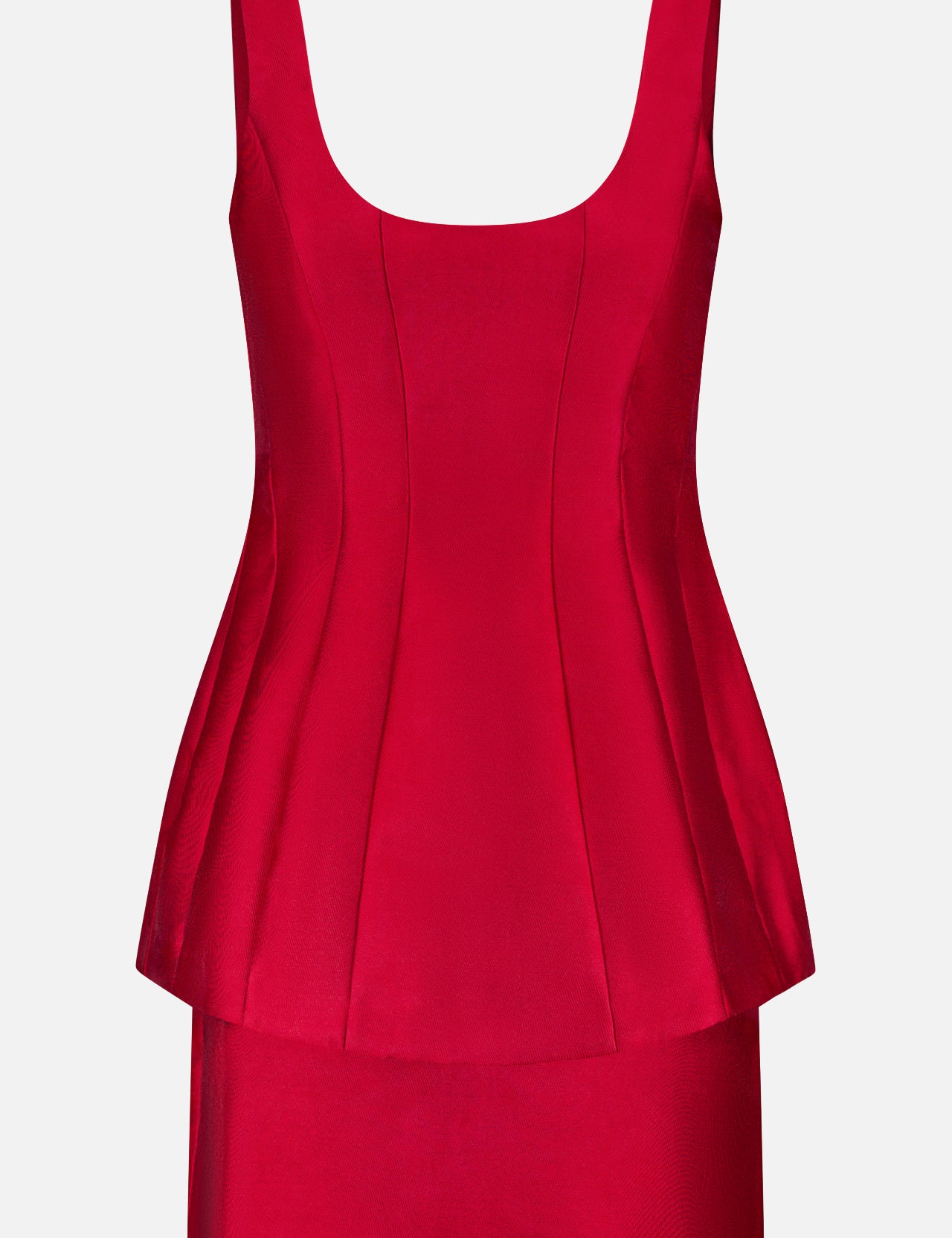 The Empire Peplum Waist Dress by AMANDA UPRICHARD is a sleeveless, fitted scarlet mini dress with a scoop neckline, corset-style seams, and a flared peplum waist, shown on a plain white background.