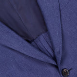 Close-up of the ZEGNA Cashmere Silk Linen Sportcoat in dark blue, made in Italy. The image highlights the button, lapel, inner lining, and showcases the detailed fabric texture and fine stitching.