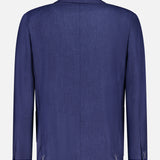 A back view of the ZEGNA Cashmere Silk Linen Sportcoat in dark blue, made in Italy with long sleeves, subtle texture, a notched collar, and small decorative stitches near the hem on both sides.