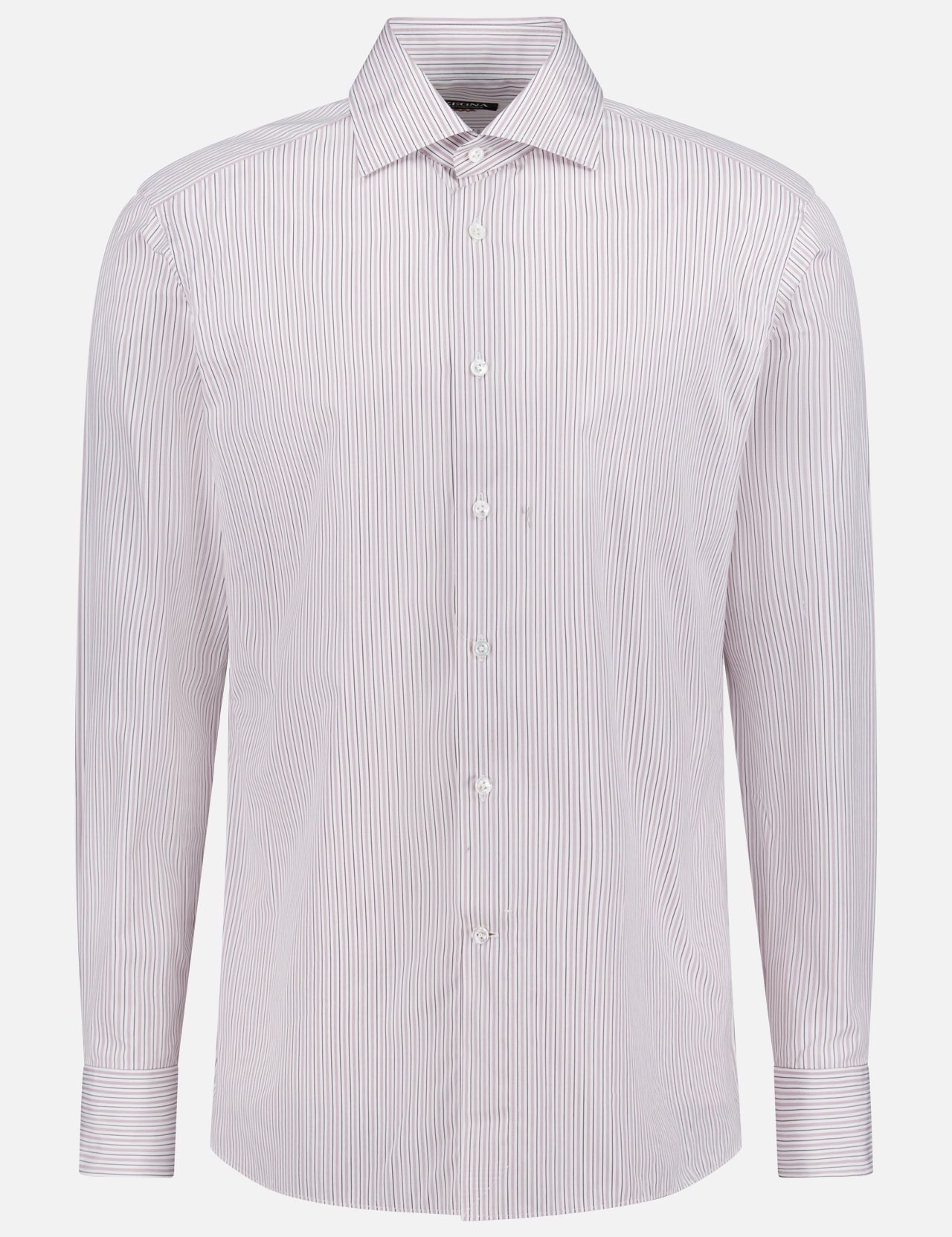 The ZEGNA Centoventimila Striped Dress Shirt is a long-sleeved, button-up Italian shirt with a collar and subtle light pink and white vertical pinstripes, crafted in luxurious cotton and shown on a plain white background.