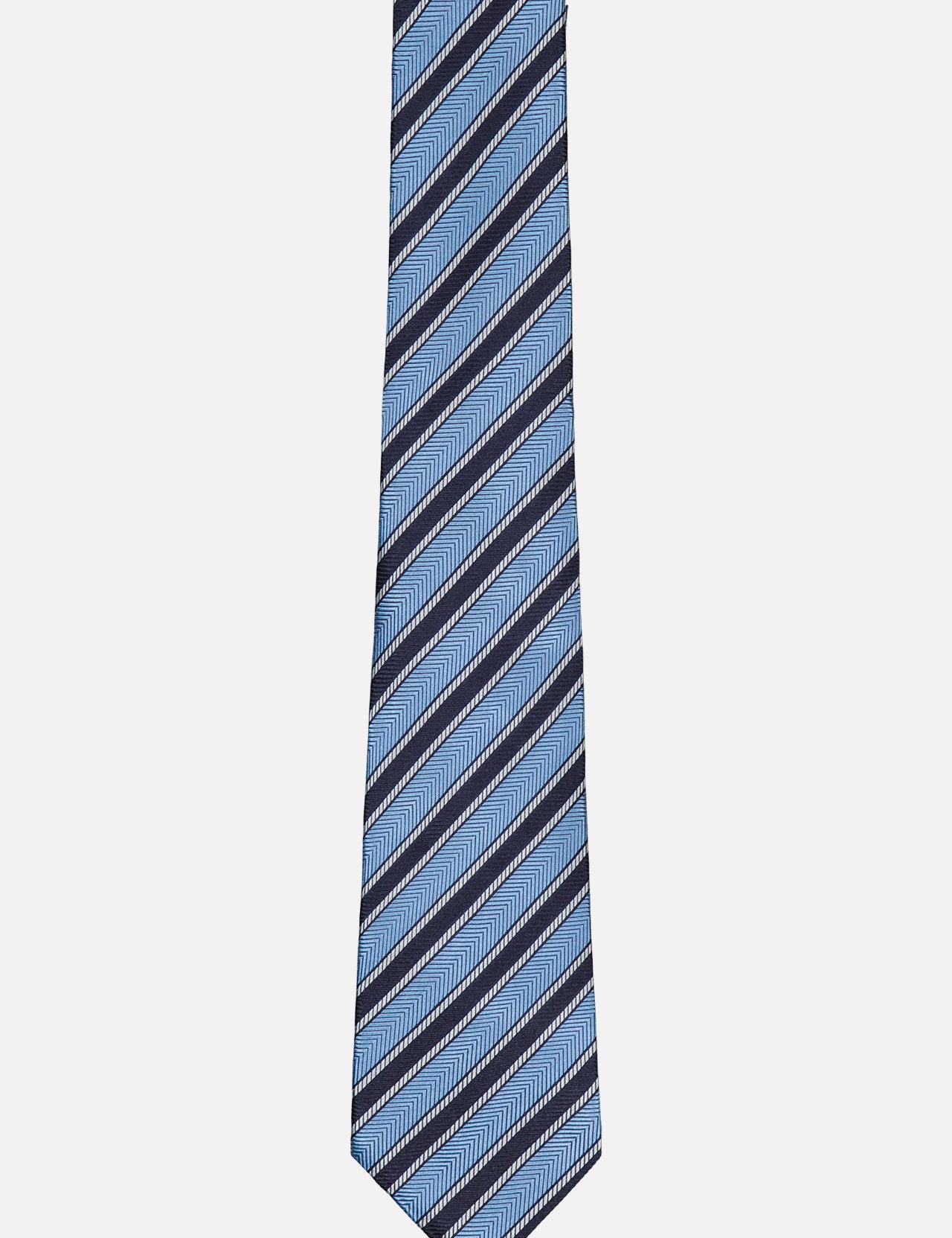 The ZEGNA Cinque Pieghe Jacquard Tie is a luxury Italian silk tie in blue, featuring diagonal navy and light gray stripes on a white background.