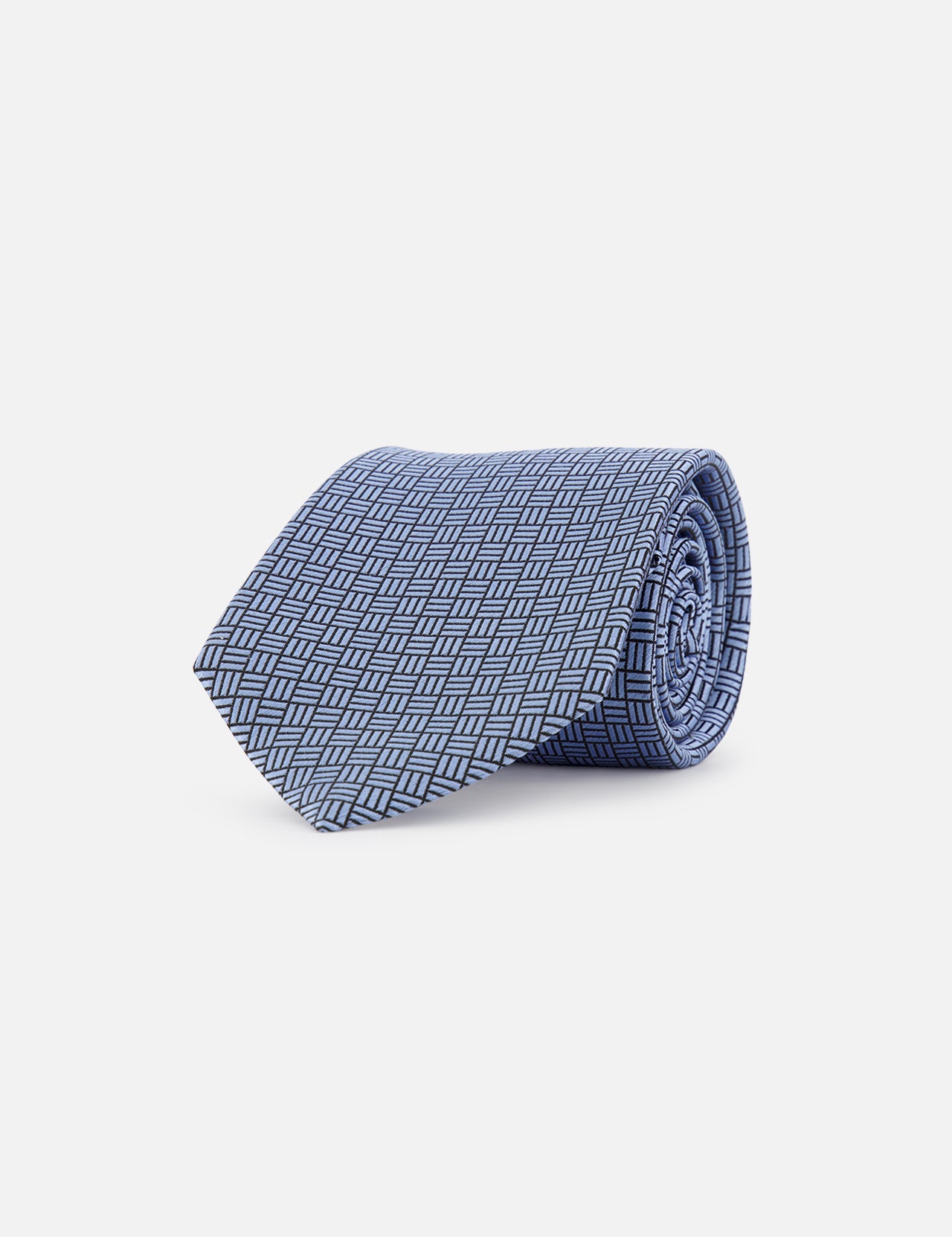 The ZEGNA Cinque Pieghe Jacquard Tie is a rolled-up blue silk tie with a geometric grid of interlocking rectangles, shown on a plain white background.