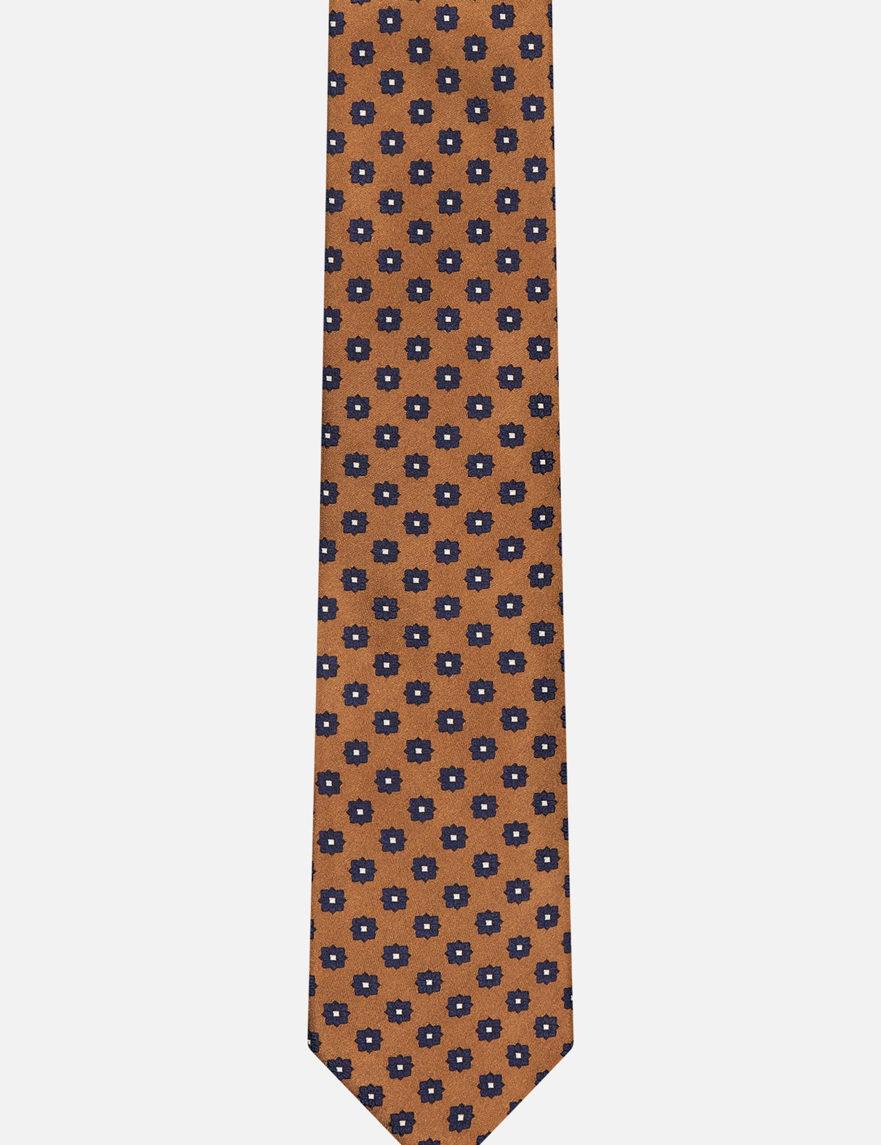 The ZEGNA Floral 100 Fili Tie features a brown silk fabric with a repeating pattern of small, dark blue and white floral motifs—an ideal patterned accessory for the modern man.