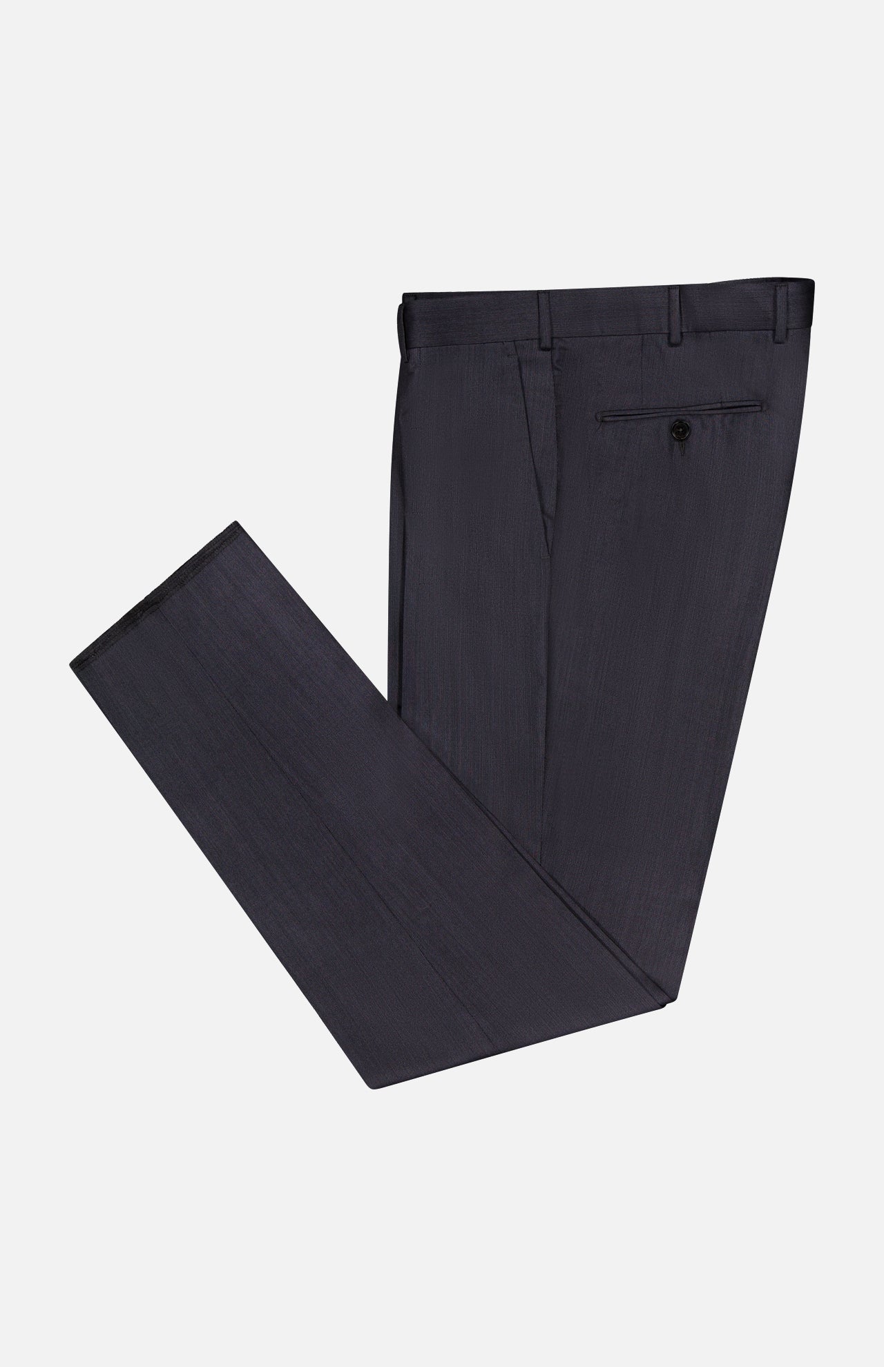 The ZEGNA 15MilMil15 Wool Suit pants in dark navy feature belt loops, a front pocket, and a single buttoned back pocket, neatly folded and displayed on a plain white background.