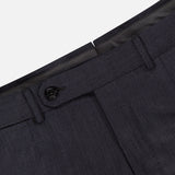Close-up of the waist and upper section of ZEGNA's 15MilMil15 Wool Suit pants in dark gray, made in Italy, with button closure, belt loops, and a subtle diagonal fabric texture.
