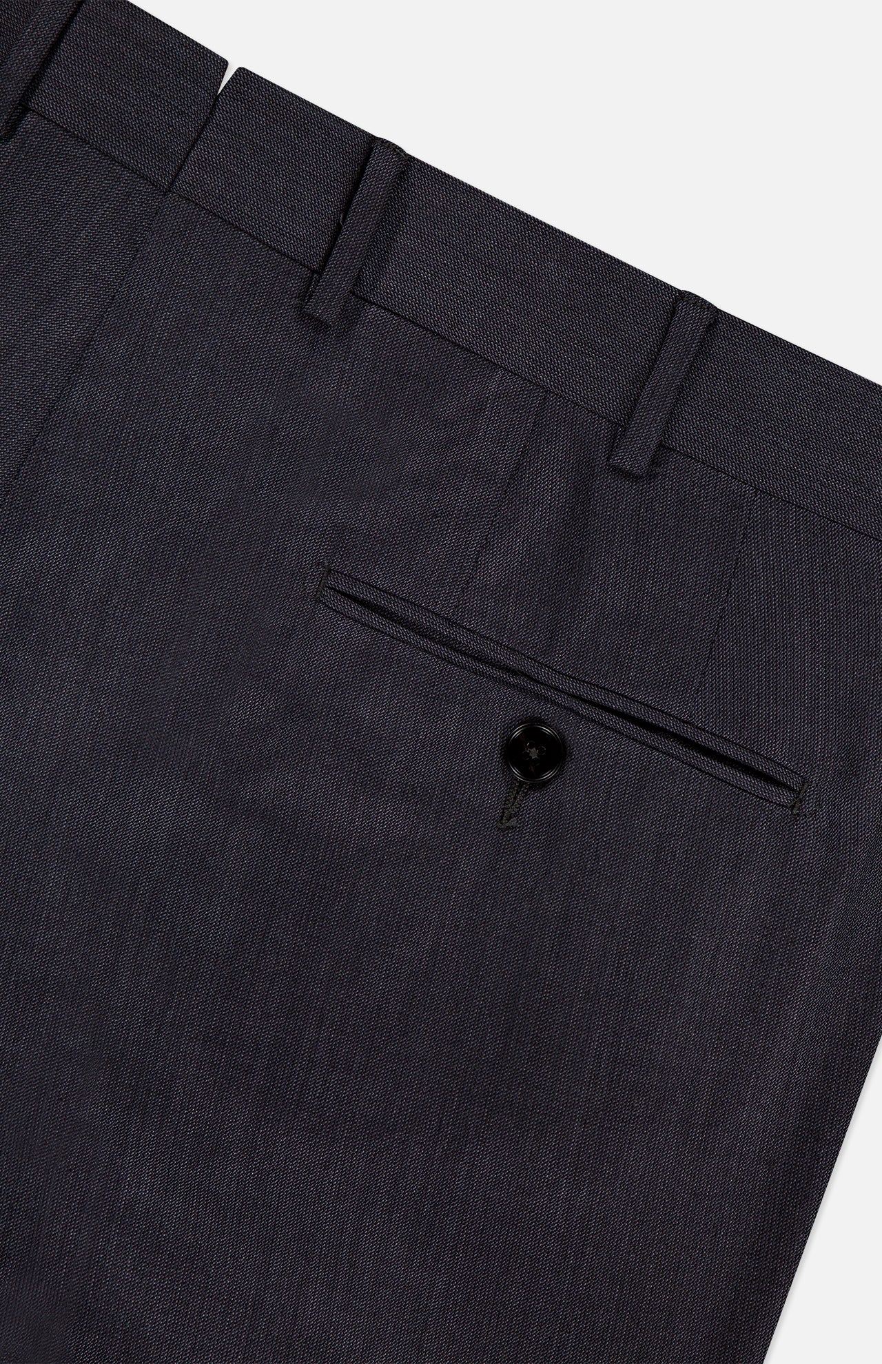 Close-up of the back of ZEGNA's 15MilMil15 Wool Suit pants in dark grey, made in Italy, featuring a single welt pocket with a black button and belt loops along the waistband.