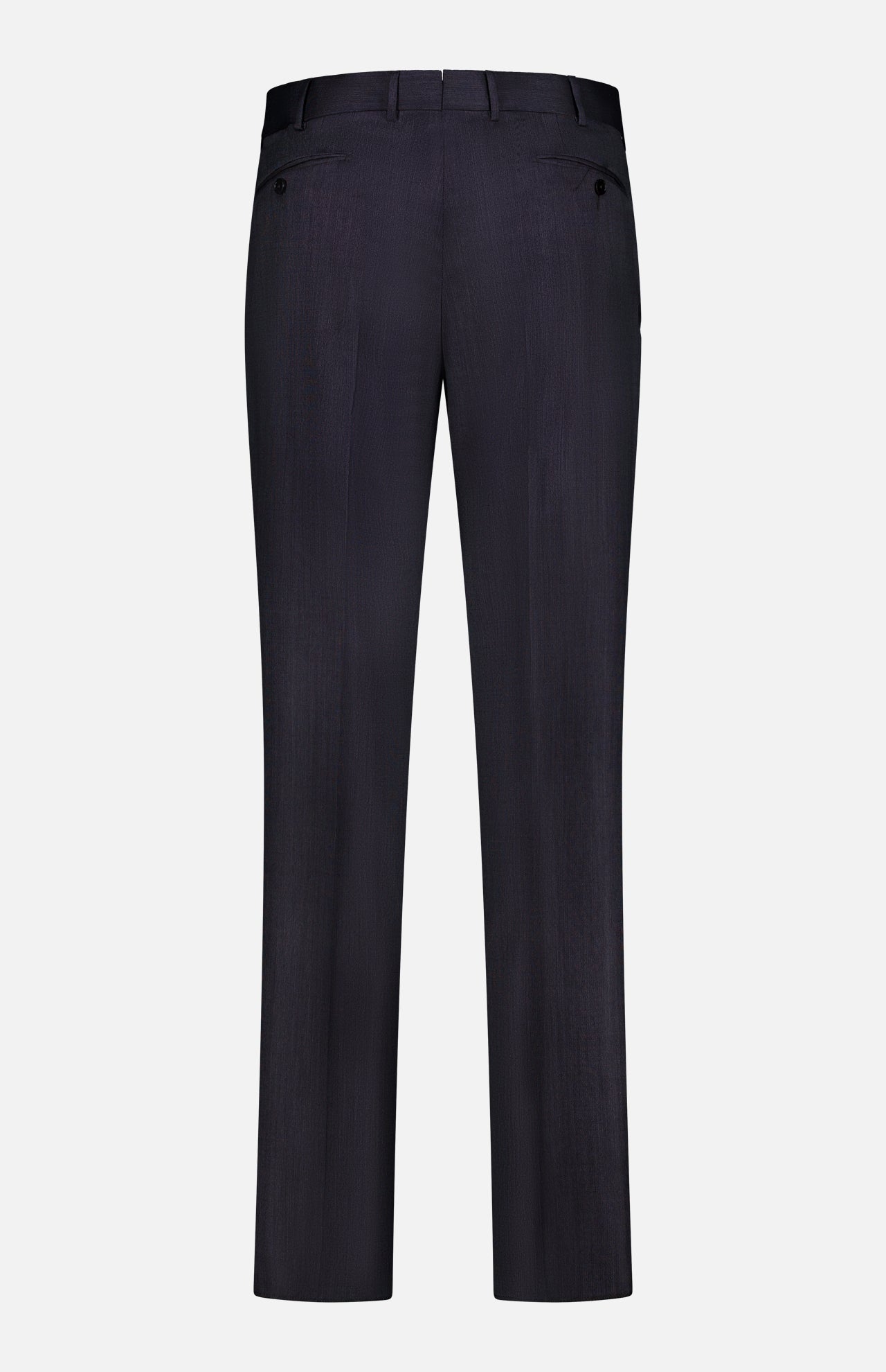The ZEGNA 15MilMil15 Wool Suit pants, shown from the back in a dark hue, feature belt loops, two buttoned back pockets, and a straight-leg fit—all set against a plain white background.