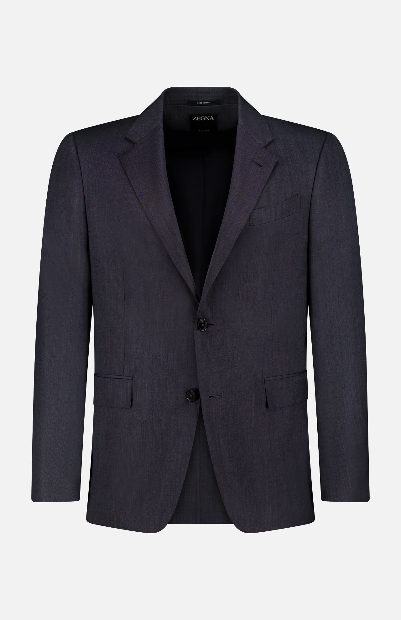 The ZEGNA 15MilMil15 Wool Suit blazer for men, in dark navy blue, features a notched lapel, two front buttons, and a chest pocket. Expertly crafted in Italy and shown on a plain white background.
