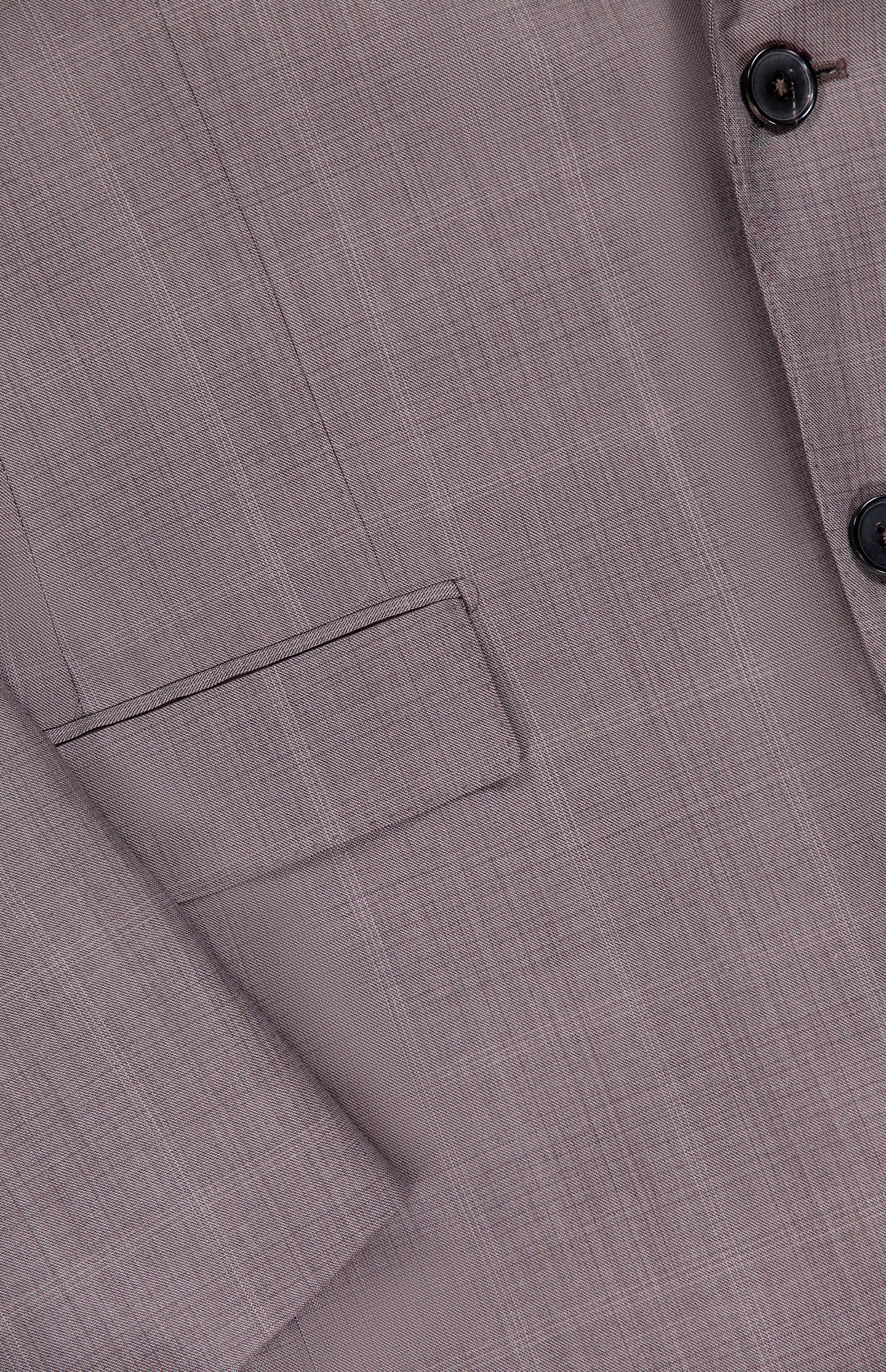 Close-up of the ZEGNA 15MilMil15 Wool Suit in light brown, made in Italy, featuring a button, sleeve detail, and flap pocket with a fine plaid texture on premium wool fabric.