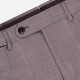 Close-up of the waistband and upper section of ZEGNA’s 15MilMil15 Wool Suit pant in light brown, featuring a black button, belt loops, and visible stitching. Expertly crafted in Italy for refined elegance.