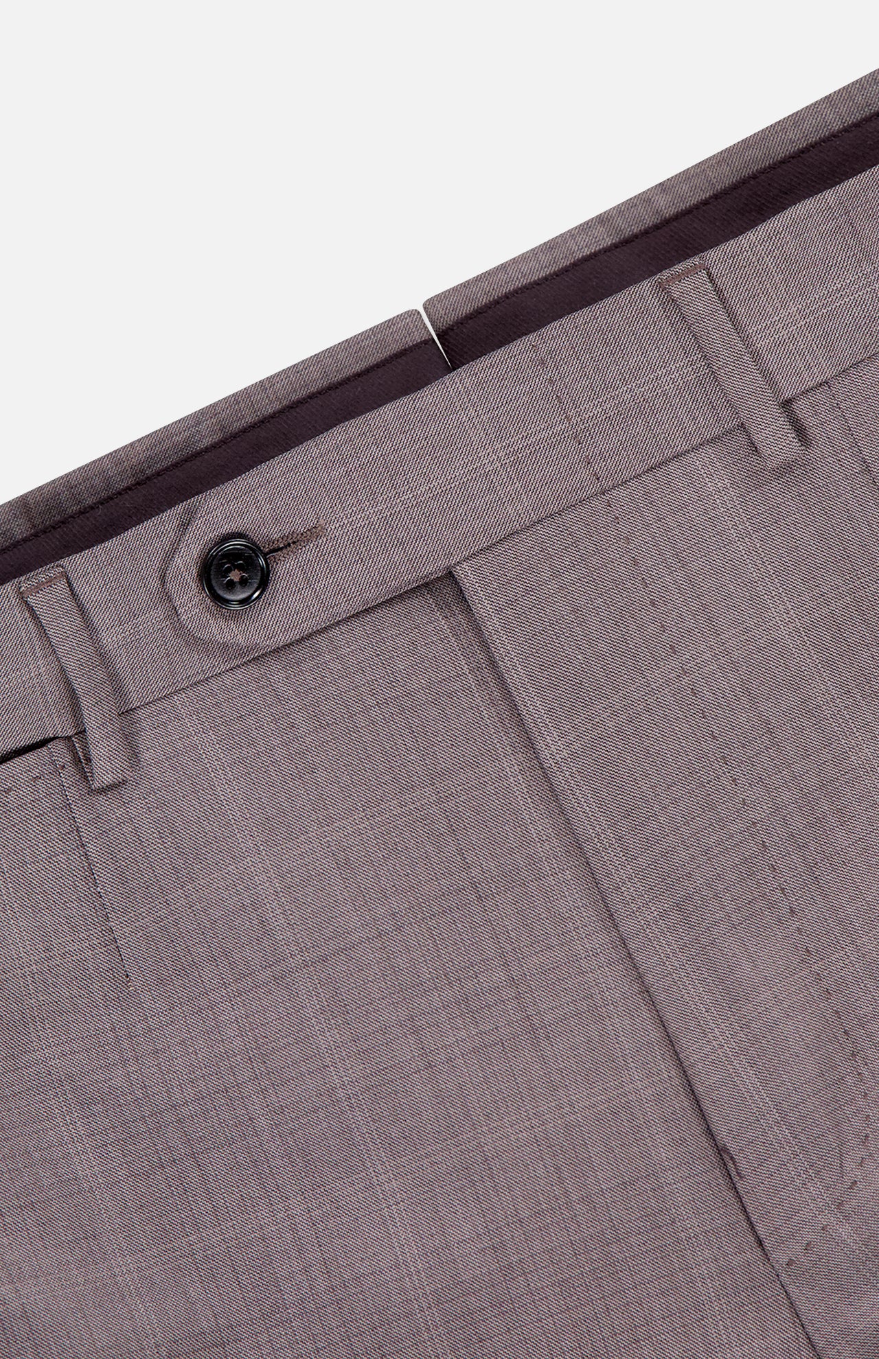 Close-up of the waistband and upper section of ZEGNA’s 15MilMil15 Wool Suit pant in light brown, featuring a black button, belt loops, and visible stitching. Expertly crafted in Italy for refined elegance.