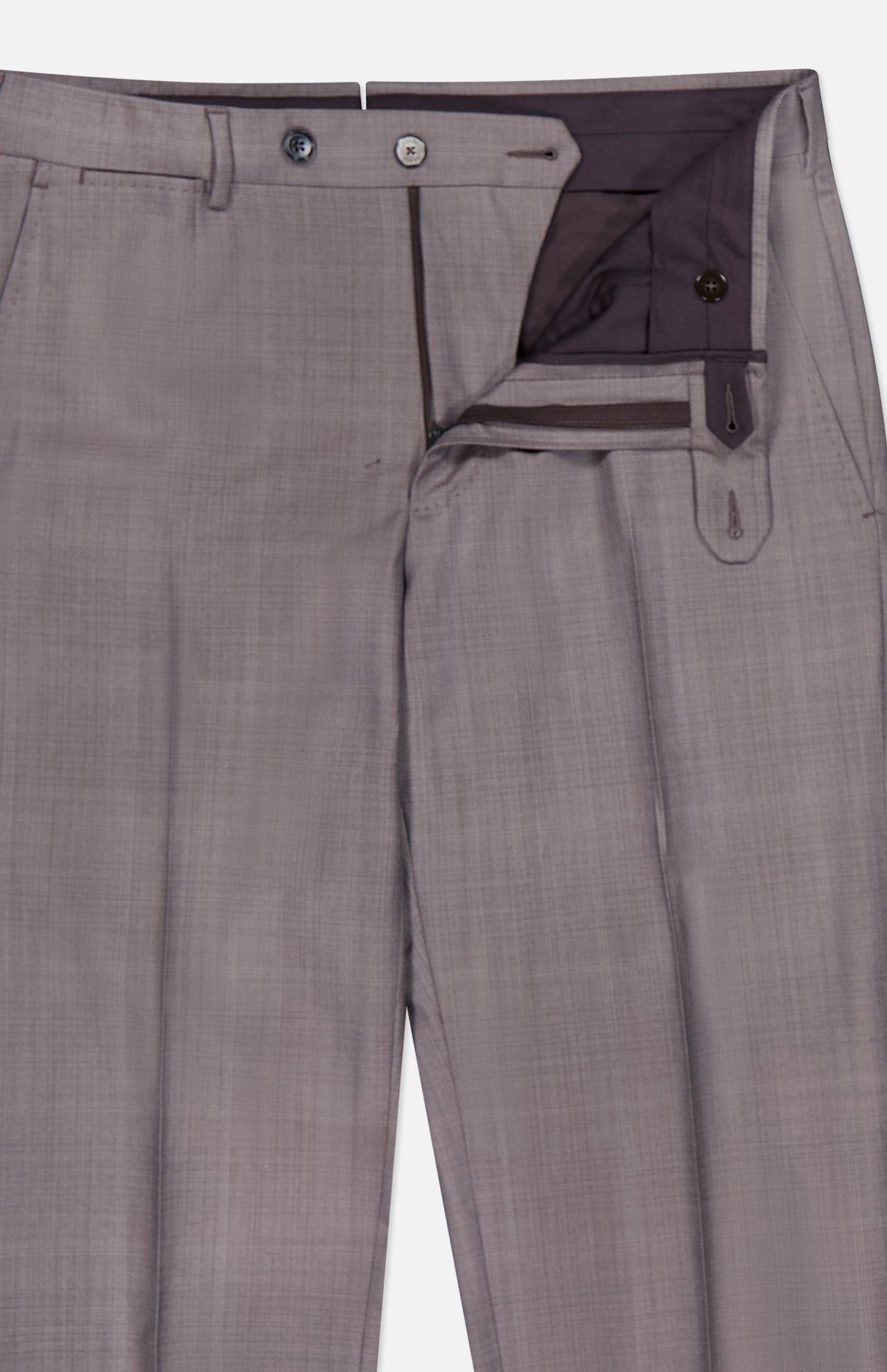 The ZEGNA 15MilMil15 Wool Suit pants, made in Italy, feature light gray fabric, a partially unzipped front showing the inner waistband lining, button closure, pocket details, neat pressing with visible seams, and waist belt loops.