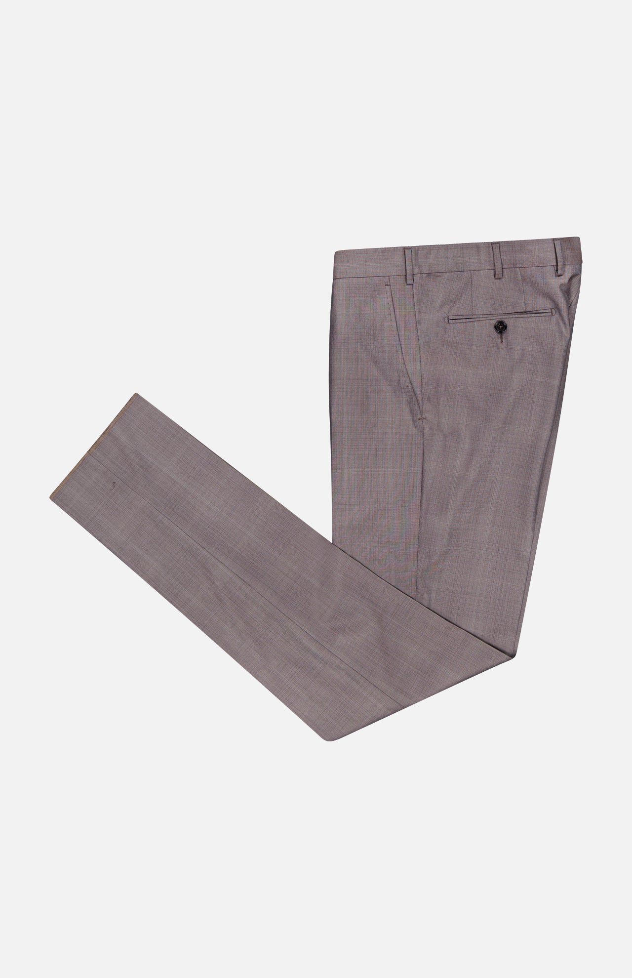 Flat lay of ZEGNA 15MilMil15 Wool Suit dress pants in light gray, made in Italy, featuring a single back pocket and belt loops, neatly folded on a plain white background.