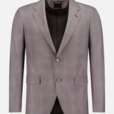 The ZEGNA 15MilMil15 Wool Suit blazer is a light brown, single-breasted Italian-made jacket with notched lapels, two buttons, and front flap pockets, shown against a plain white background.