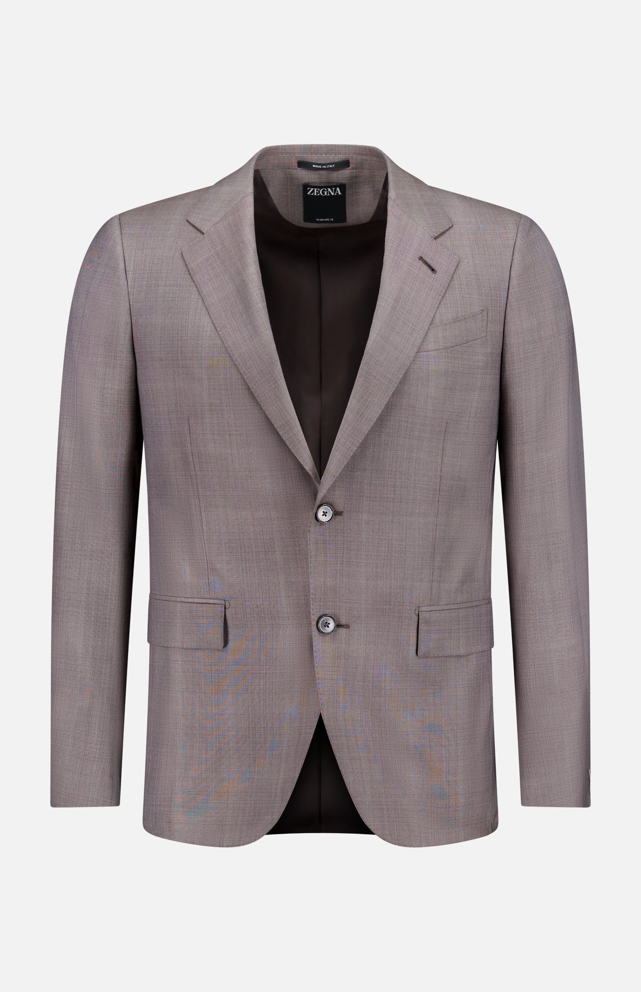 The ZEGNA 15MilMil15 Wool Suit blazer is a light brown, single-breasted Italian-made jacket with notched lapels, two buttons, and front flap pockets, shown against a plain white background.