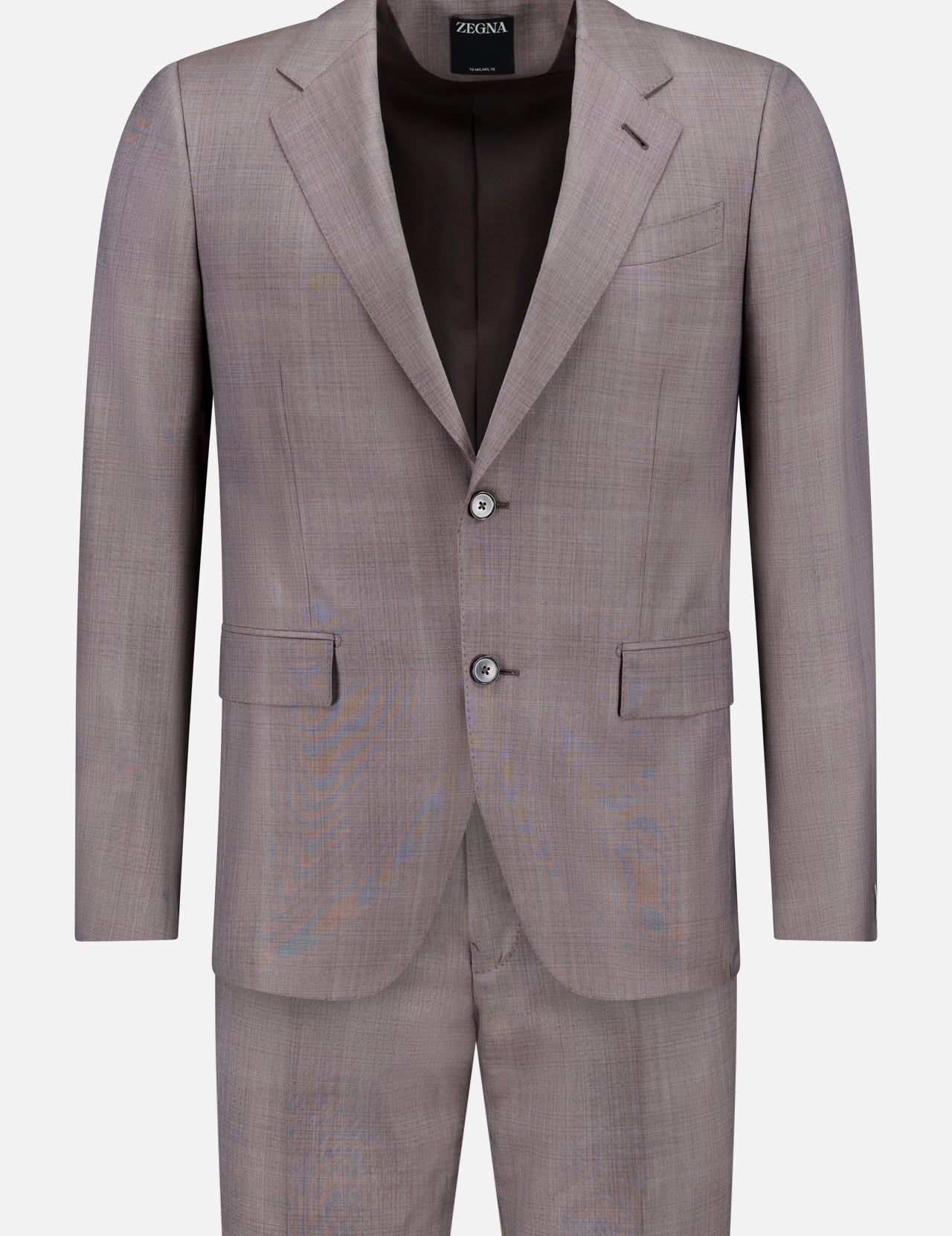 The ZEGNA 15MilMil15 Wool Suit, in light gray and made in Italy, showcases a notched lapel two-button blazer with front flap and chest pockets, plus matching trousers—all displayed on a plain white background.