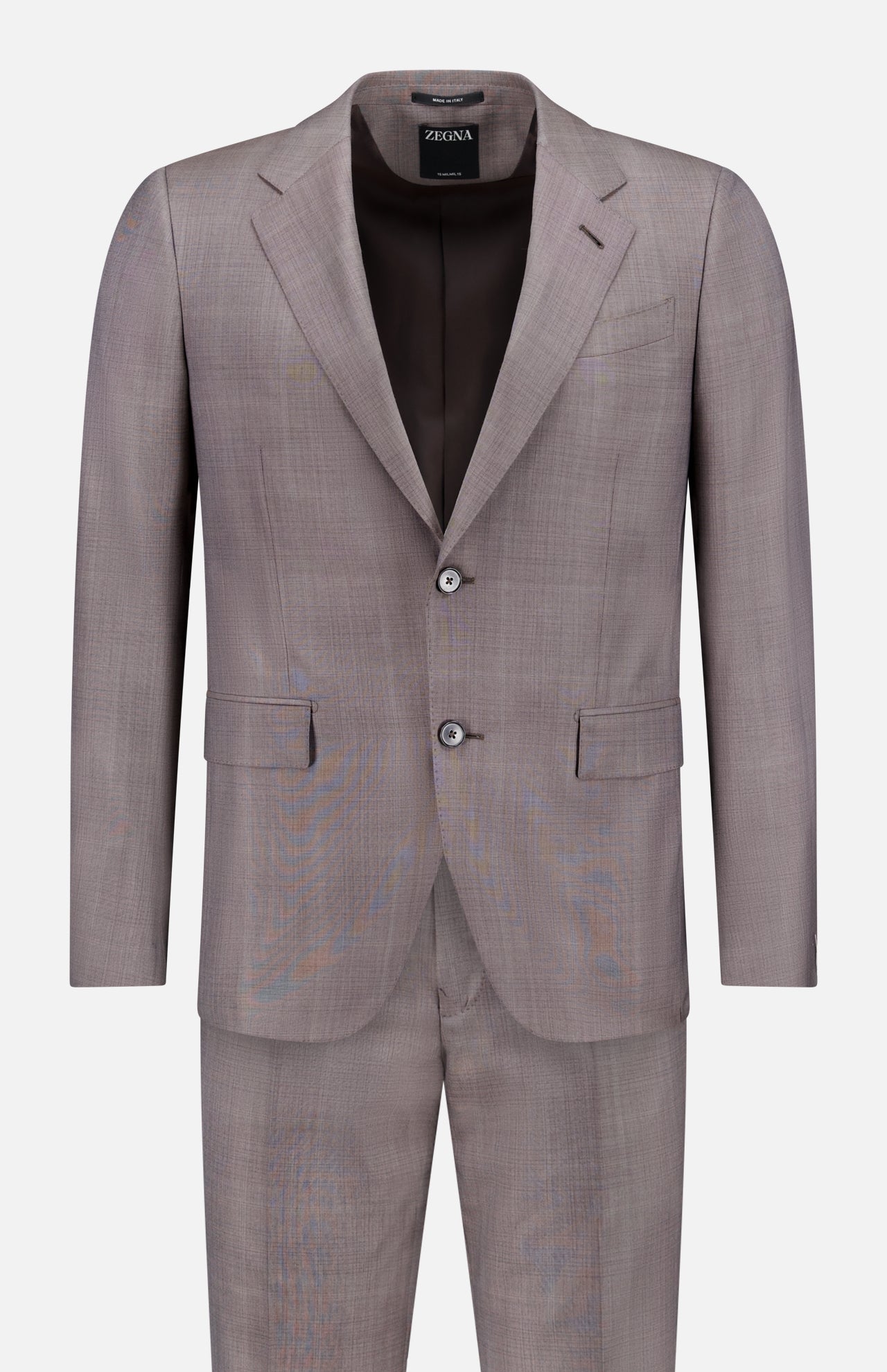The ZEGNA 15MilMil15 Wool Suit, in light gray and made in Italy, showcases a notched lapel two-button blazer with front flap and chest pockets, plus matching trousers—all displayed on a plain white background.