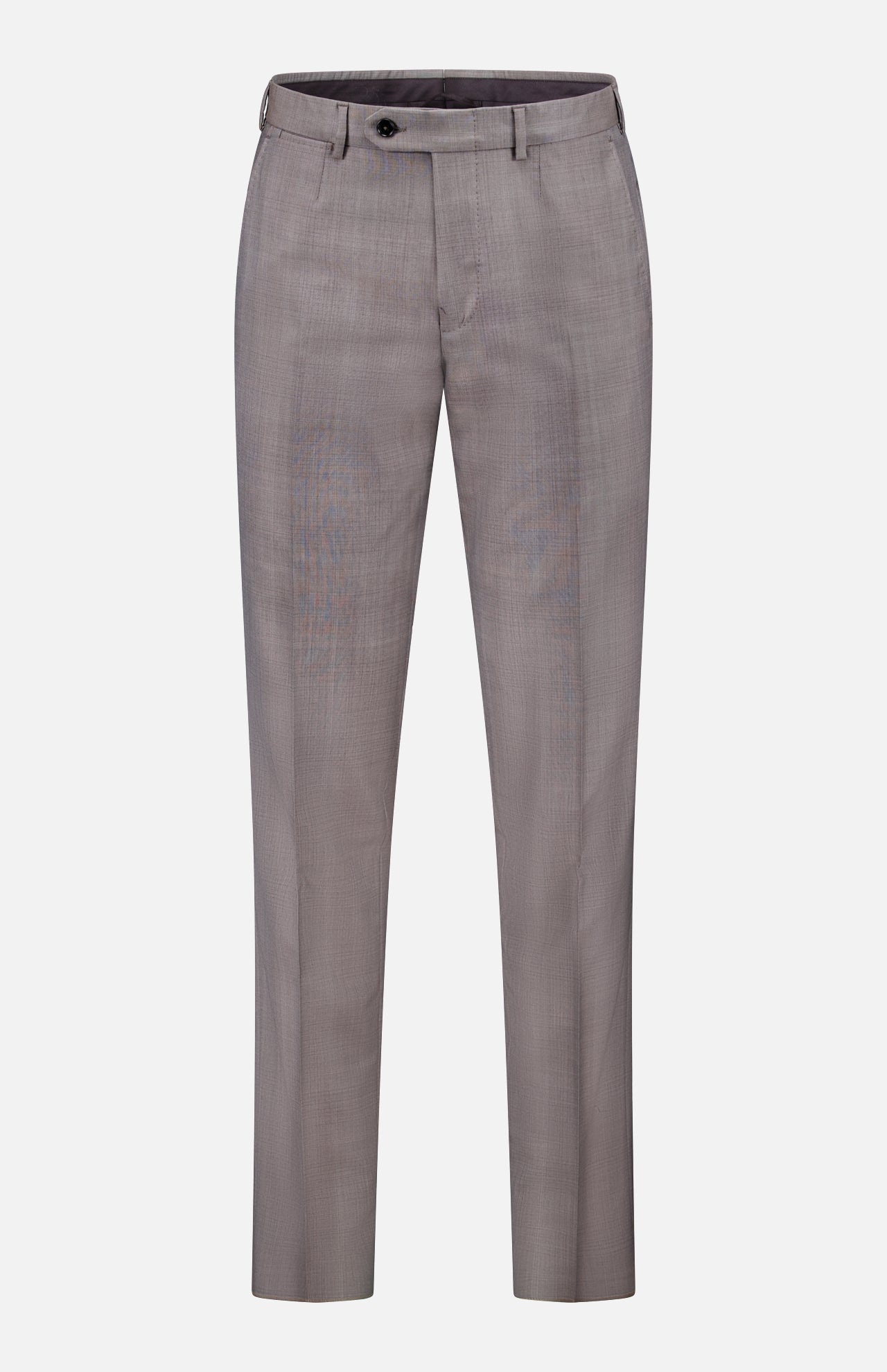 A pair of tailored light gray dress pants from the ZEGNA 15MilMil15 Wool Suit, featuring belt loops, side pockets, a front button, and zip closure, displayed against a plain white background.