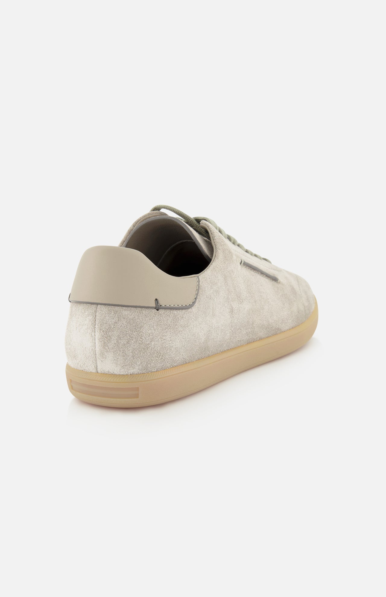 The 232 Low Top Sneaker by ZEGNA, crafted in Italy from beige suede and finished with a light tan rubber sole, is pictured from the back left angle to showcase its refined heel and side detailing.
