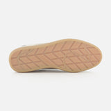 The image displays the sole of the ZEGNA 232 Low Top Sneaker, featuring a light brown color with a geometric tread pattern and “ZEGNA” embossed near the arch. This sole is part of a light grey suede sneaker, expertly crafted in Italy.