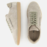 A pair of ZEGNA 232 Low Top Sneakers in beige and light grey suede, featuring light green laces and tan rubber soles, is displayed from a side view (left shoe) and a top view (right shoe) against a white background. Expertly crafted in Italy, these refined sneakers offer the perfect combination of comfort and contemporary design.