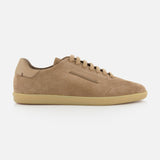 The ZEGNA 232 Low Top Sneaker in dark tan suede has a rubber sole, matching laces, and subtle stitching, pictured from the side on a white background.