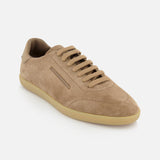 A single ZEGNA 232 Low Top Sneaker in dark tan suede with matching laces and a light beige rubber sole is displayed on a white background.