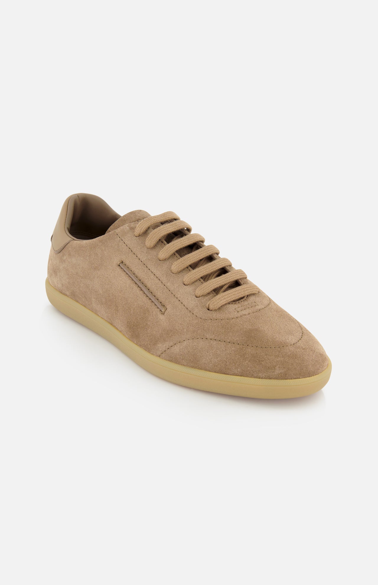 A single ZEGNA 232 Low Top Sneaker in dark tan suede with matching laces and a light beige rubber sole is displayed on a white background.