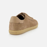 The ZEGNA 232 Low Top Sneaker in dark tan suede features a beige rubber sole and smooth beige leather heel detail, shown from the back on a white background.