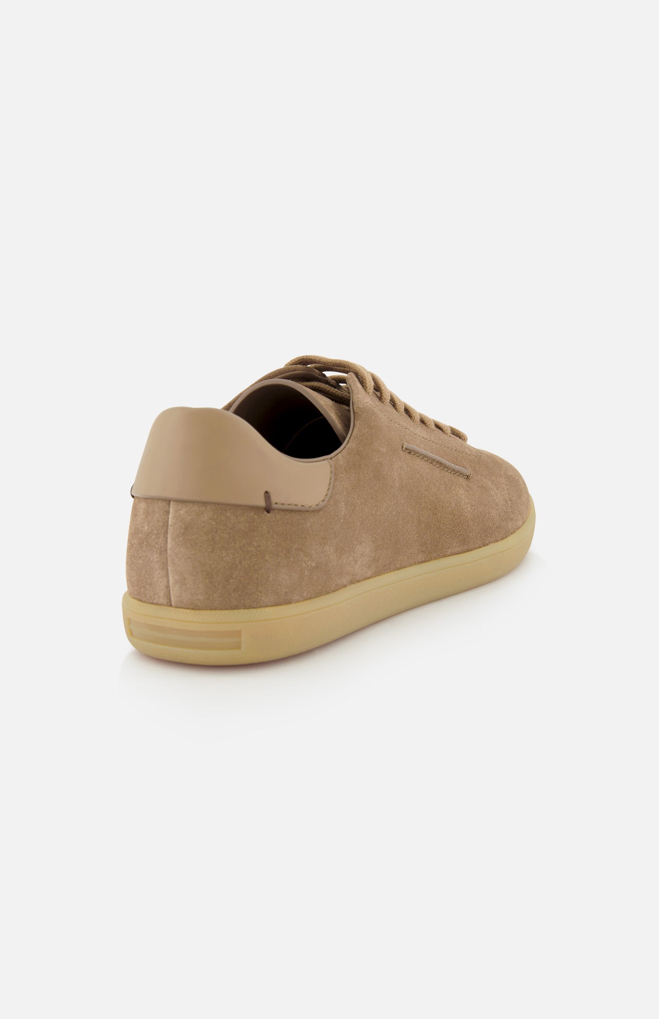 The ZEGNA 232 Low Top Sneaker in dark tan suede features a beige rubber sole and smooth beige leather heel detail, shown from the back on a white background.