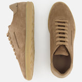 The ZEGNA 232 Low Top Sneakers in dark tan suede with tan rubber soles are displayed on a white background—one shown from the side to highlight the sole and profile, the other viewed from above emphasizing the laces.