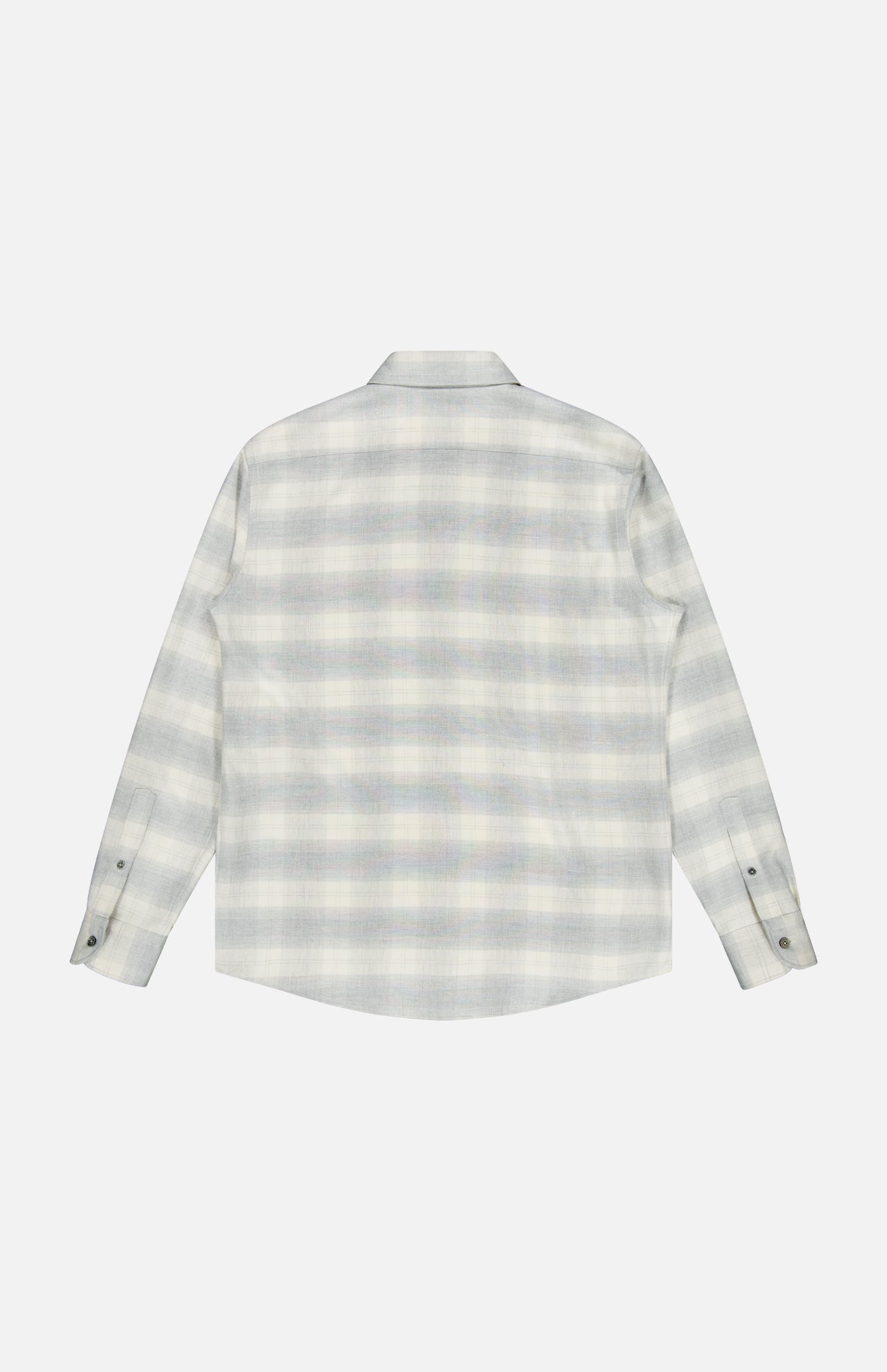 The ZEGNA Cashco Flannel Shirt features a gray and white plaid pattern, displayed from the back with its long sleeves and button-up design against a white background.