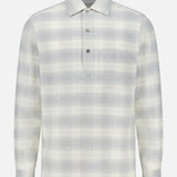 The ZEGNA Cashco Flannel Shirt is a long-sleeve, light gray and white plaid shirt featuring a pointed collar and a three-button front placket, shown against a plain white background.