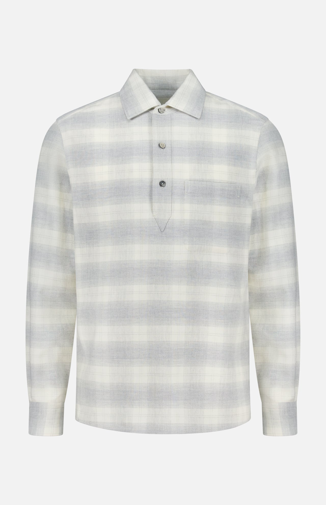 The ZEGNA Cashco Flannel Shirt is a long-sleeve, light gray and white plaid shirt featuring a pointed collar and a three-button front placket, shown against a plain white background.