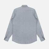 The ZEGNA Cashco Dress Shirt is shown from the back, laid flat on a white background. Crafted in Italy in a light grey hue, this elegant shirt features long sleeves, a classic collar, and dark buttons on the cuffs that accentuate its refined design.
